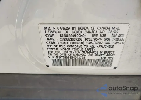 2005 Acura Mdx z USA, uszkodzony, nr VIN 2HNYD18255H543795